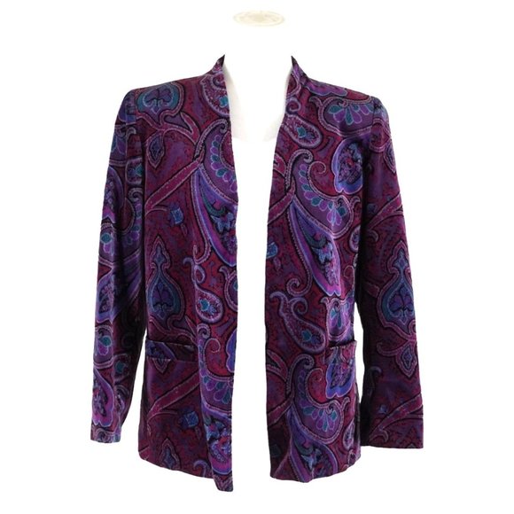 Vintage Purple Paisley Velour Blazer Tan Jay Jacket Womens Size 10 Oui Petites - Picture 1 of 10
